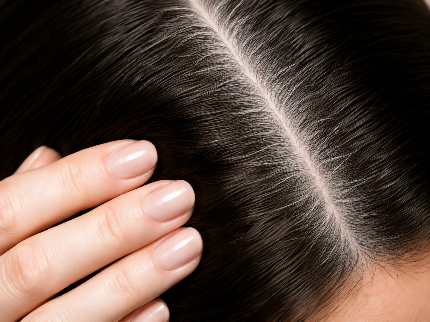 Close view of brunette hair with natural silver-gray root regrowth between appointments.