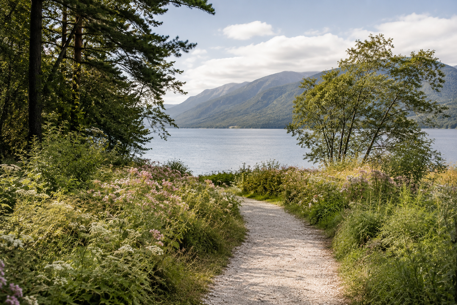 A path leading toward a mountain lake.