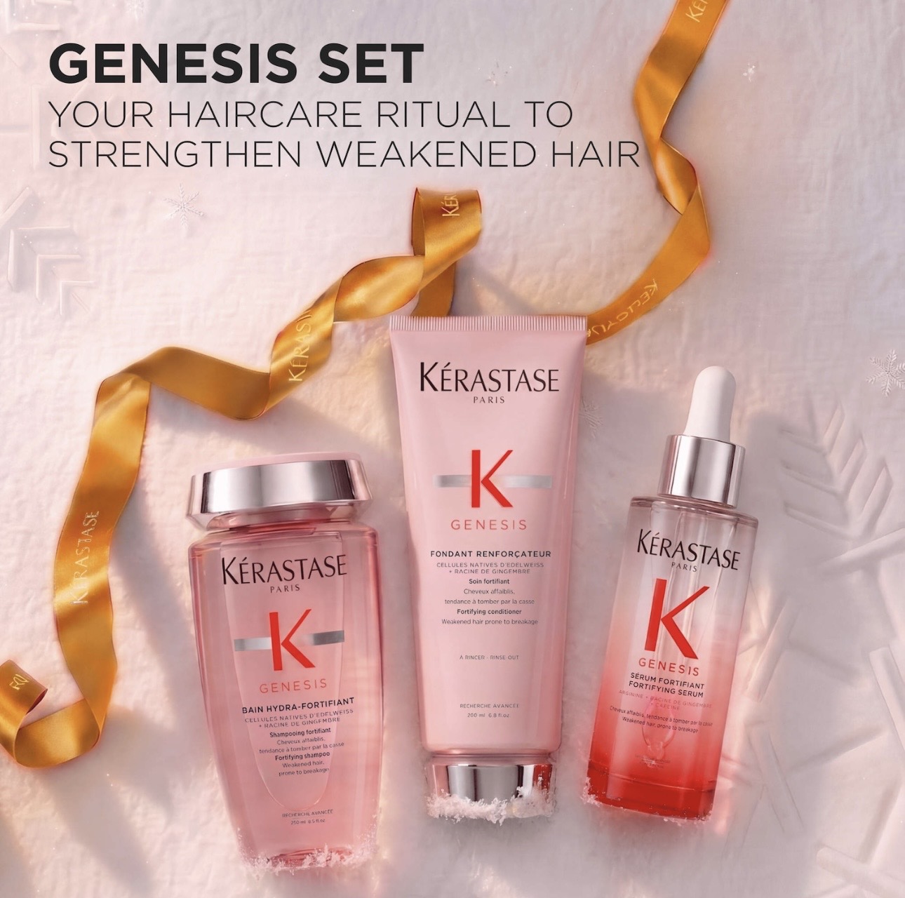 Kérastase Genesis shampoo, conditioner, and scalp serum arranged together as a complete routine