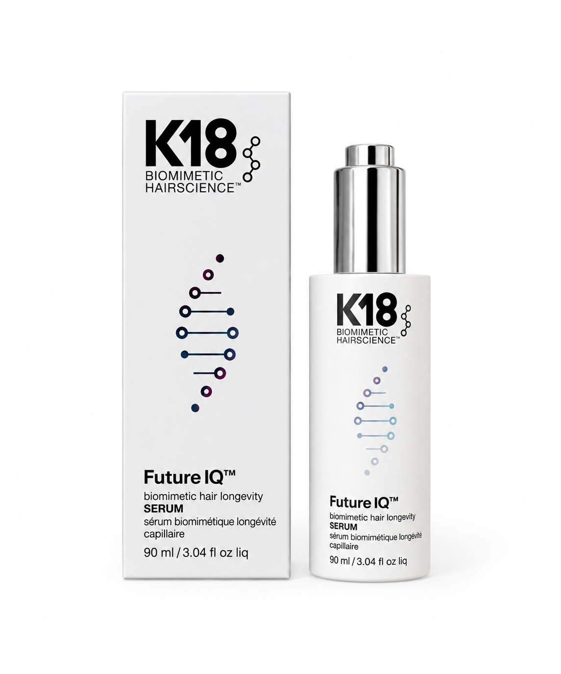 K18 FutureIQ Biomimetic Hair Longevity Serum bottle and packaging.