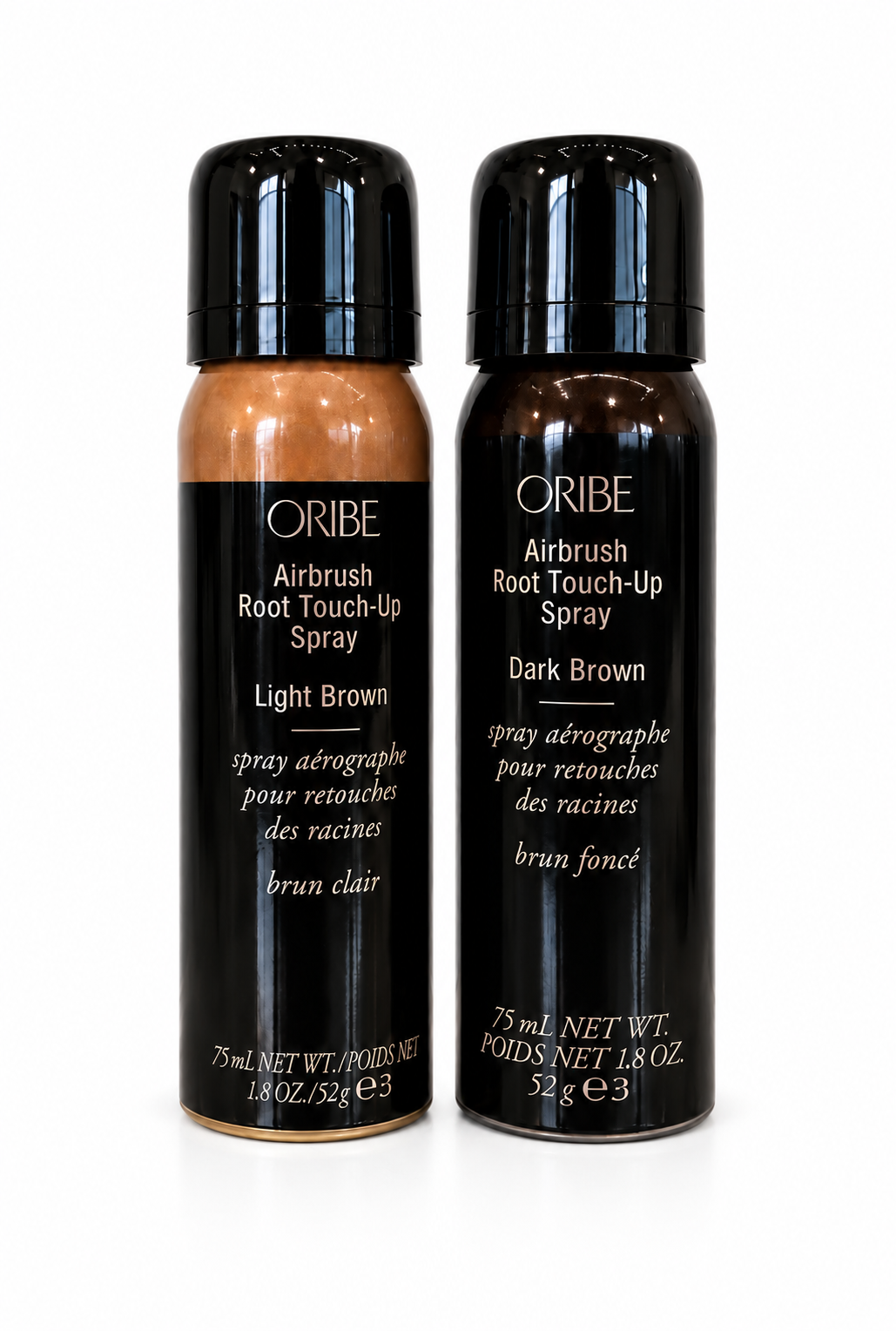 Oribe Airbrush Root Touch-Up Spray bottles in Light Brown and Dark Brown on a clean white background.