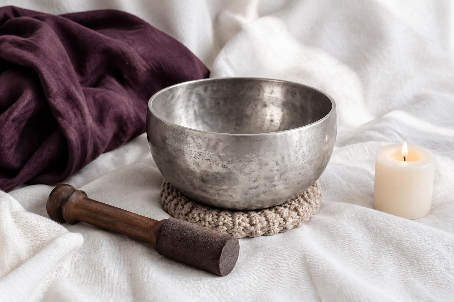 A singing bowl and mallet arranged for meditation.