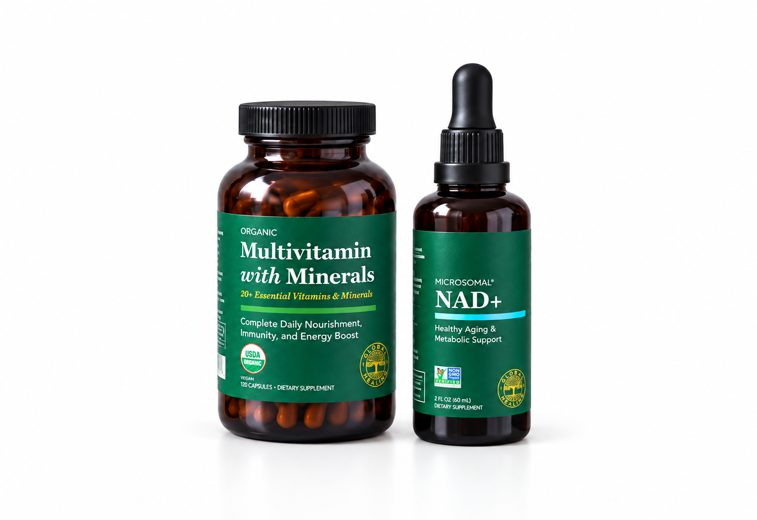 Close-up of Global Healing Organic Multivitamin with Minerals and Microsomal NAD+ bottles on a clean white background