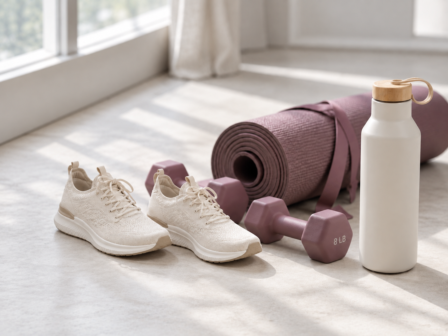 Dumbbells, walking shoes, a mat, and water prepared for a home workout.