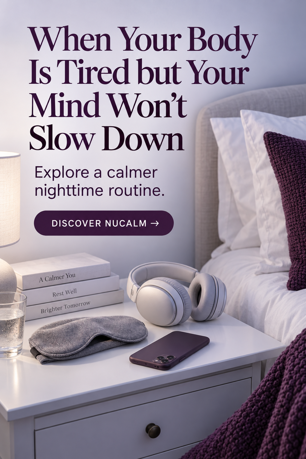 NuCalm nighttime routine with headphones, sleep mask, and phone.